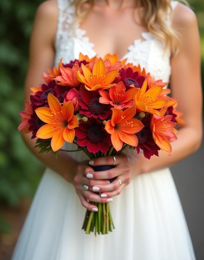 Abride holding a vibrant, exotic wedding bouquet.